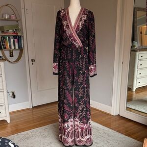 Anthropologie Embroidered Wrap Style Jumpsuit with Plum Paisley Print